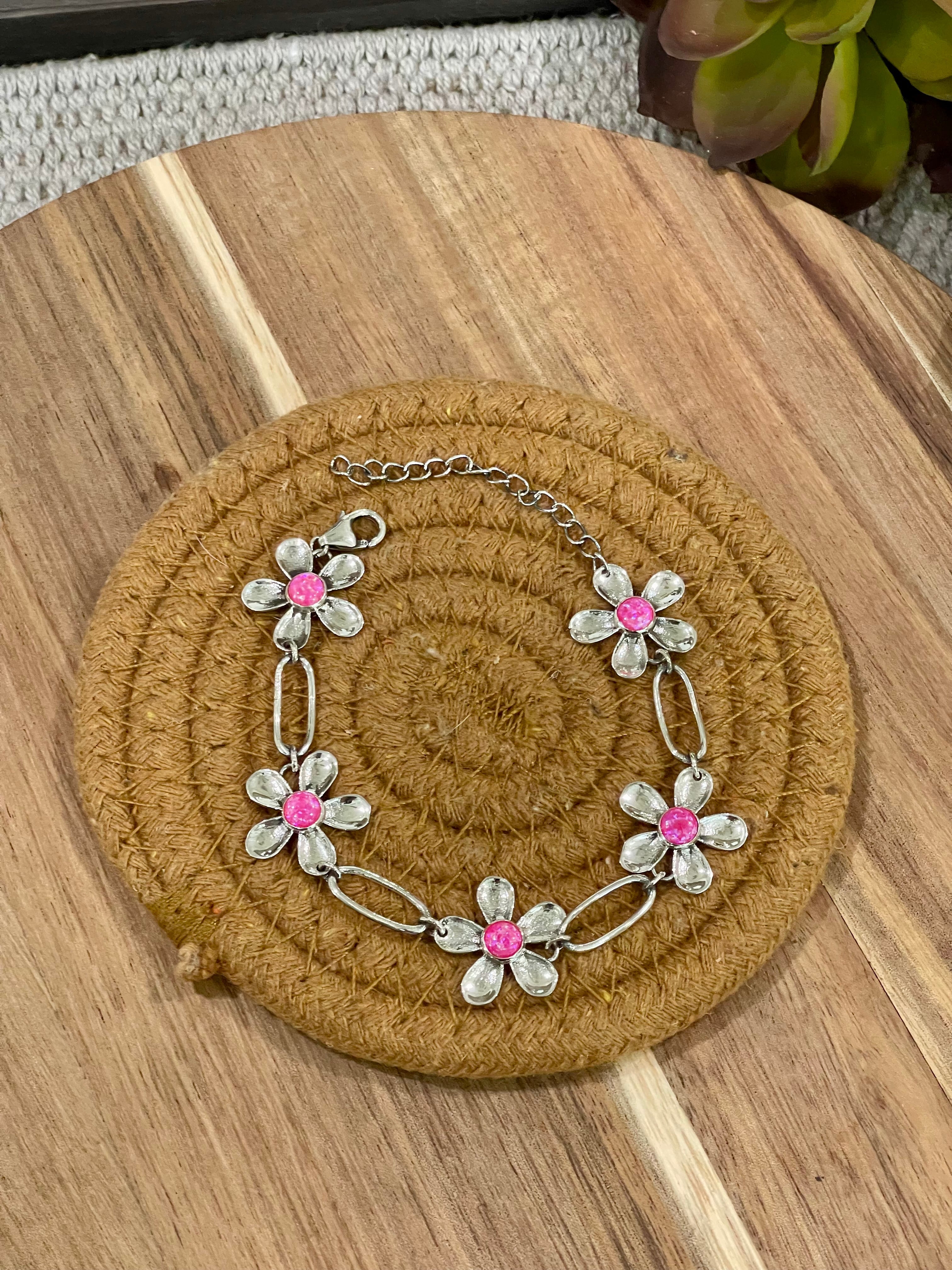 Handmade Sterling Silver & Pink Fire Opal Flower Bracelet
